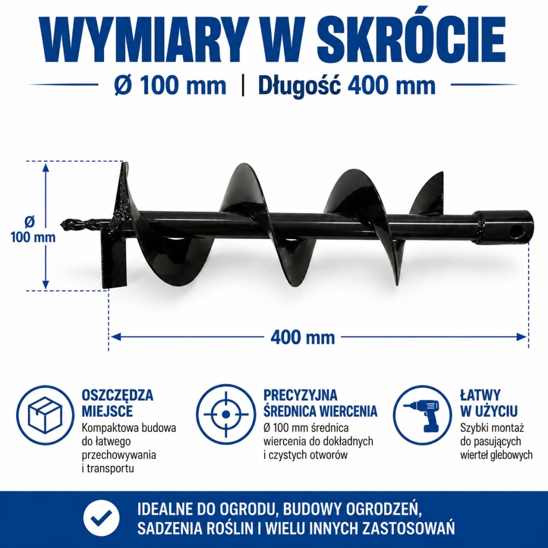 Zemní vrták 100 mm 400 mm šnek do země vrták ocelový na zahradu odolný M12928